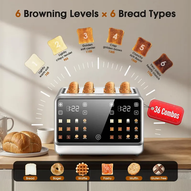 Foyoconven 4 Slice Toaster, Wide Slots, Dual Touchscreens, Single Slice & Bagel Modes